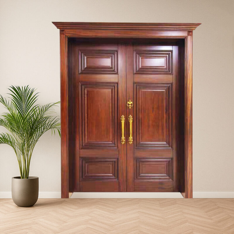 Custom hardwood main entrance door designed for luxury residential projects in Pakistan.